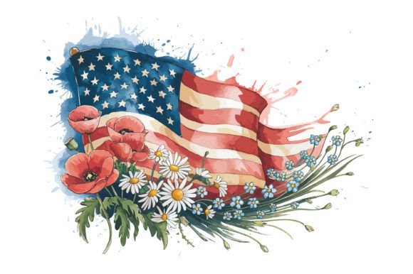 Watercolor Patriotic Flag Floral Clipart for Crafts & Graphics